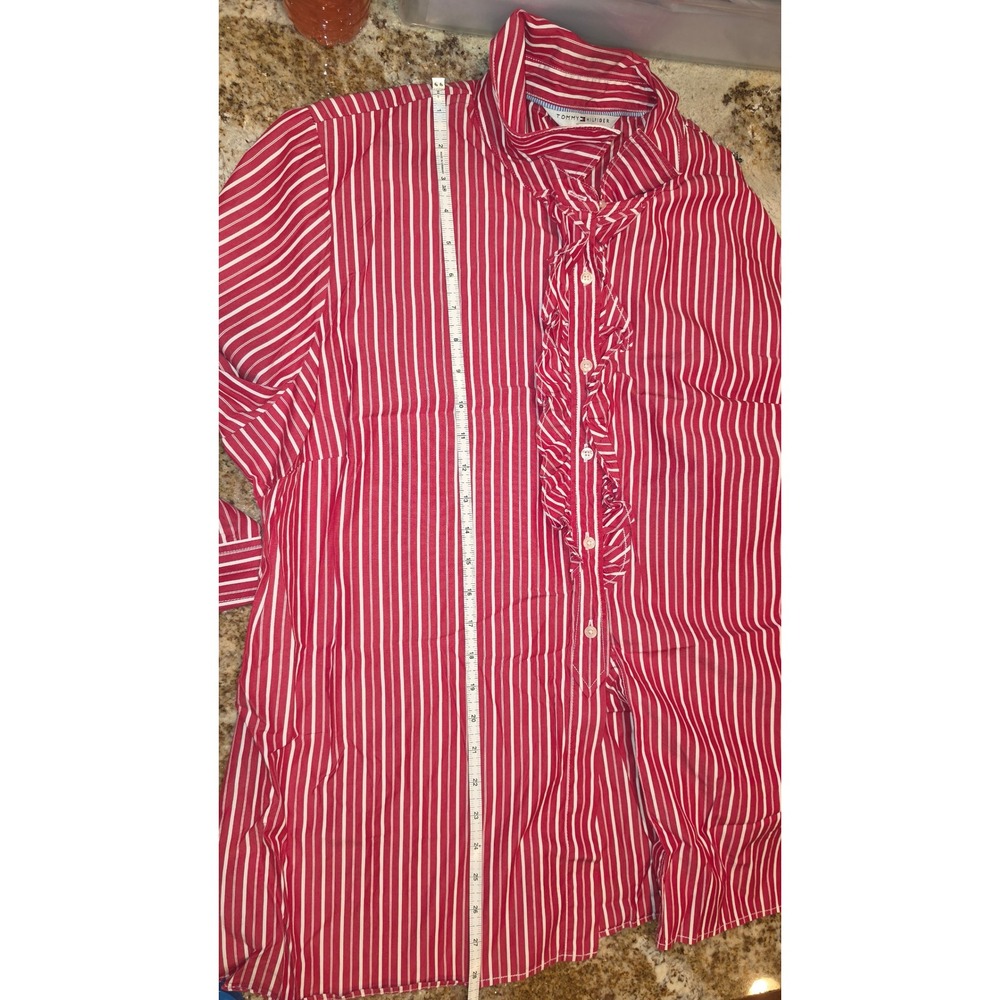 Tommy Hilfiger Woman Red White Striped Ruffle Front Button Down Shirt Size 18 - Picture 9 of 10
